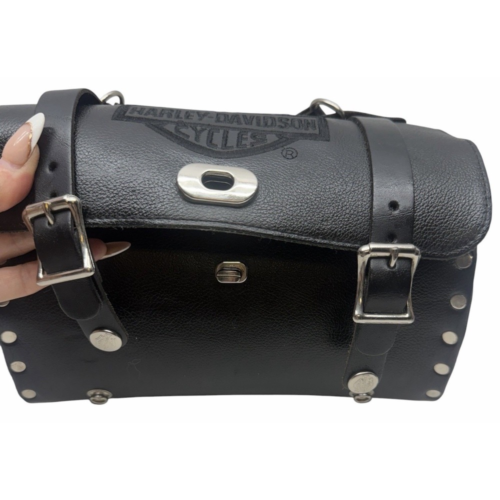 Harley-Davidson Black Leather Barrel Bag Purse Handbag w/ Shoulder Strap - Picture 8 of 16